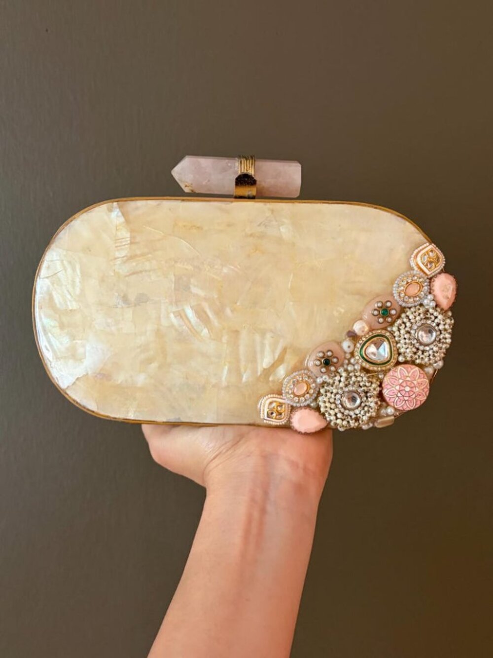 Mother of Pearl Pink Crystal Statement Clutch Evening Bag